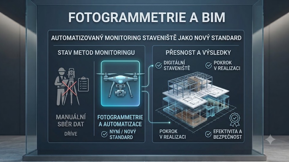 dron s fotogrammetrií a BIM modelem nad staveništěm — digitální twin stavby 2026