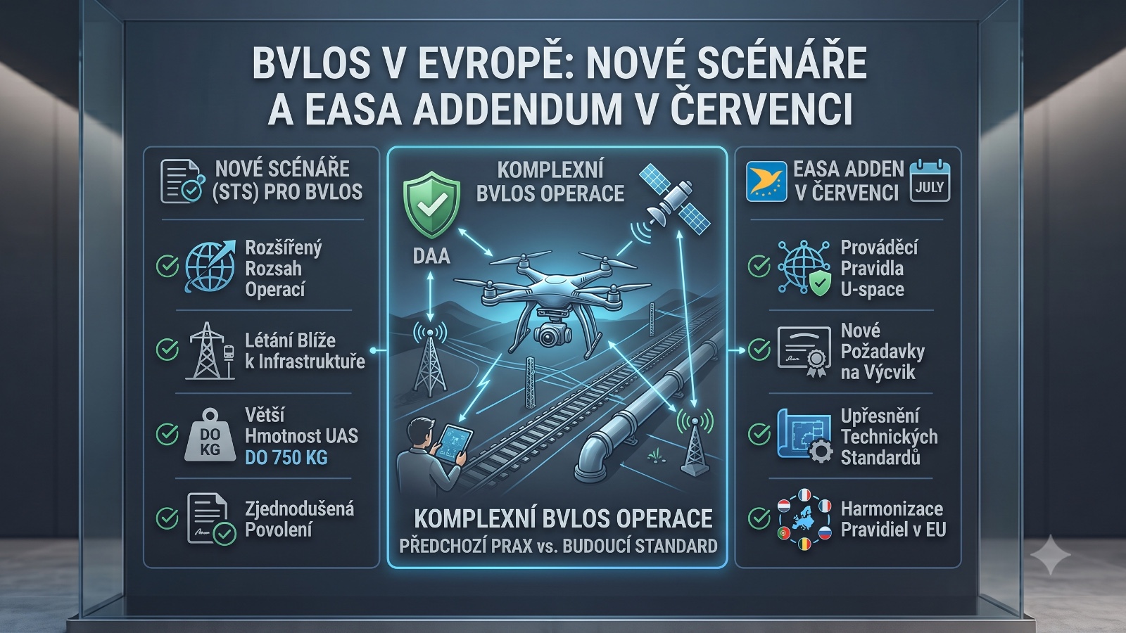 BVLOS dron letící nad krajinou — beyond visual line of sight operace Evropa 2026